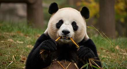 Adorable Giant Panda Savoring Bamboo Shoots Outdoors