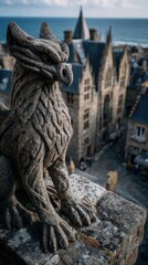 Stone gargoyle overlooking a medieval European town