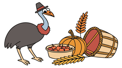 Funny  Cassowary, set in a charming Thanksgiving theme – Grateful Harvest color vector art