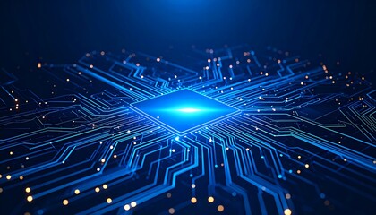 Futuristic CPU Chip on Circuit Board with Illuminated Digital Technology, and Blue Background.