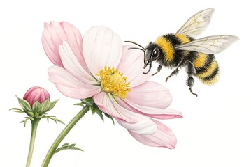 A bumblebee approaching a pink cosmos flower bloom