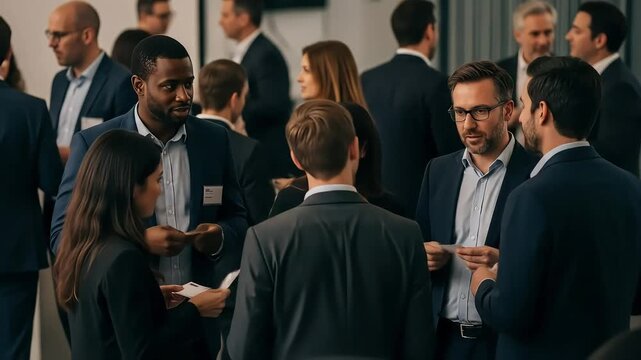 Professionals networking and exchanging business cards during a formal corporate event in a modern venue with groups engaged in conversations across the room