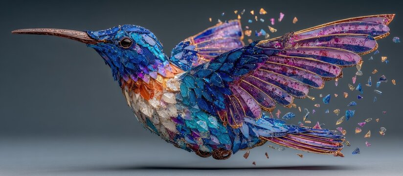 Colorful hummingbird mosaic in flight