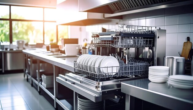 Gleaming Restaurant Kitchen Stainless Steel with Sunlight, and and Washed Dishes Ready to Use.