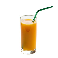 Tall glass of refreshing orange juice with a green straw on a black background