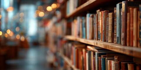 Tranquil, out of focus library background with vintage bookshelf full of book. This calm scene evokes wisdom, knowledge, and deep love for literature, ideal for study