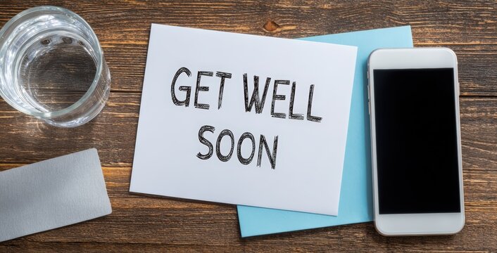 Get Well Soon Card Phone Glasses Wooden Desk Cup Coffee Table Flat Lay Arrangement