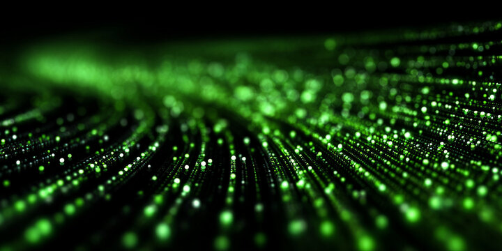 Dynamic abstract background of digital data streams in green. This futuristic technology network represents fast paced internet and binary code flowing in cyberspace