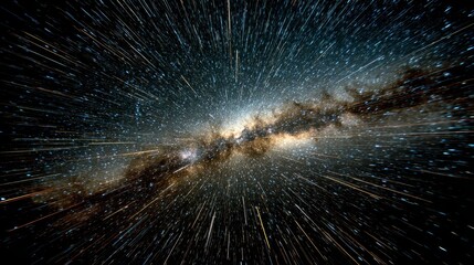 Obraz premium Star trails converging into a radiant point, piercing through the Milky Way in long exposure. 