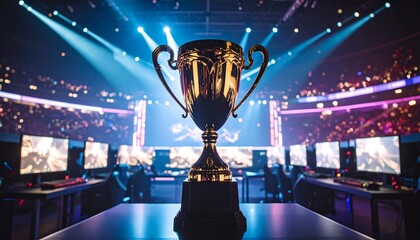 Golden Trophy Cup at Esports Tournament Arena with Gaming Event, and Award Ceremony.