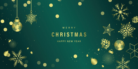 Christmas and Happy Holidays background design vector. Pine cone, bauble ball, ornament, snowflake, bokeh on green background. Winter Design for Season's Greeting, Christmas, cover, banner, ads. © babeer