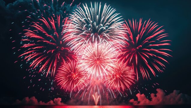 Colorful fireworks display illuminating the night sky with vibrant red, white, and pink bursts.