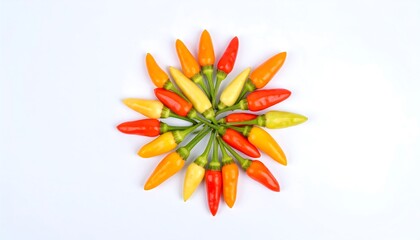 Colorful chili peppers in a circular pattern