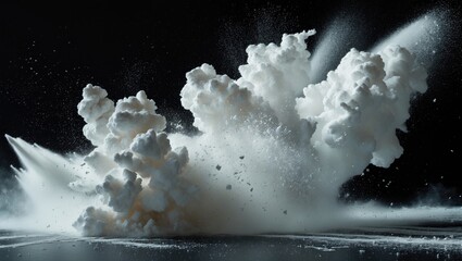 Explosion or splash of powder or liquid with a cloud and spray effect in black background.