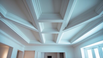 Ceiling design with intricate molding details in a bright, modern room. Architectural and interior decoration, trim and paneling. The concept of ceiling craftsmanship and interior design.