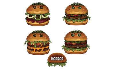 Scary Monster Burgers Creepy Horror Zombie Hamburger Illustrations