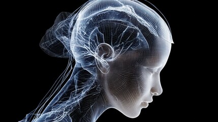Ethereal Wireframe Human Profile with Glowing Neural Connections