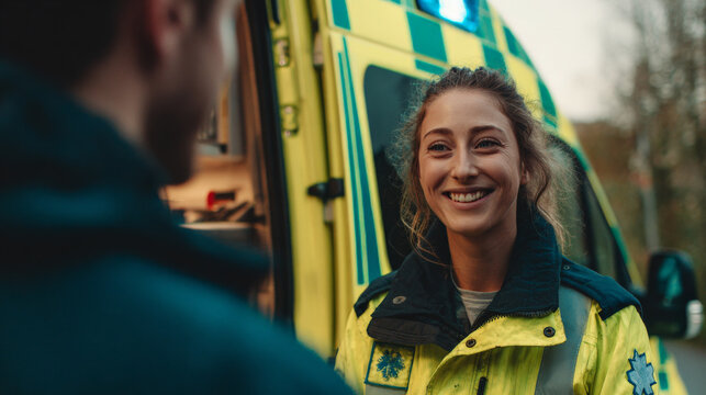 Young female paramedic with reassuring smile offering help to person. This happy healthcare professional provides medical assistance and support during an emergency call by an ambulance