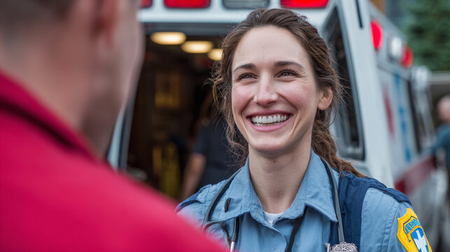 Happy female paramedic with reassuring smile talking to person outside an ambulance. An emergency medical technician providing professional care and support to patient - Powered by Adobe