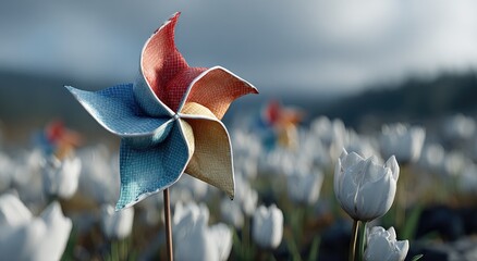 Colorful pinwheel amidst a field of white tulips. Soft focus