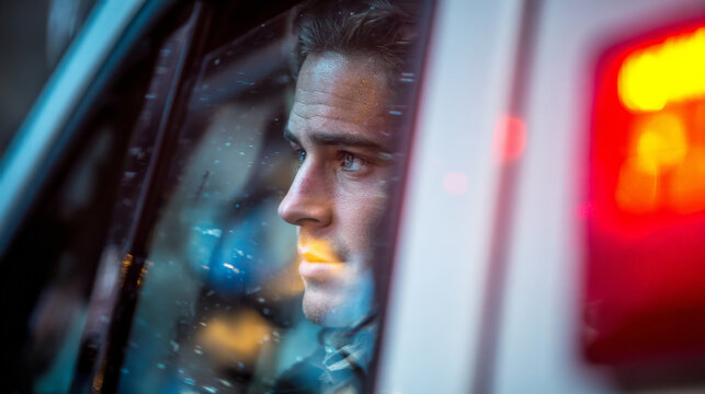 Focused paramedic man inside an ambulance during an emergency rescue. serious driver at night has an intense look on his face, showing deep concentration