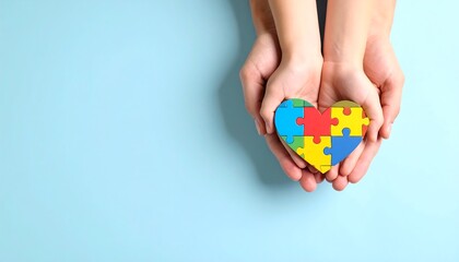 Hands holding puzzle heart with representing autism awareness, and against blue background.