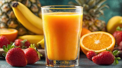 Vibrant fruit juice in a glass, surrounded by fresh produce