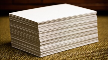 Large Stack of White Business Cards or Identity Cards with Rounded Corners on a Textured Surface