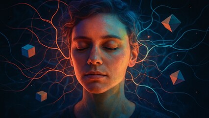 Woman with closed eyes meditating, surrounded by glowing lines and geometric shapes, symbolizing deep connection with inner self, exploring consciousness, and seeking spiritual enlightenment