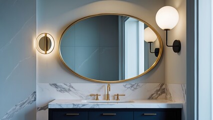 A modern bathroom with an oval mirror above a marble countertop, featuring two round wall sconces and a blue vanity.