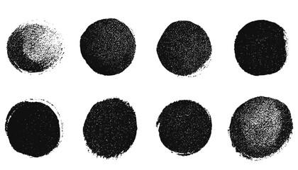 Set of black textured circles and dots, abstract geometric vector design with rough grunge grain, imperfect hand-drawn round elements for modern minimal backgrounds