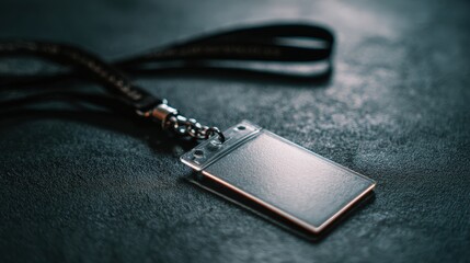 Close-up of a blank rectangular metal identification badge with a black lanyard on textured dark surface