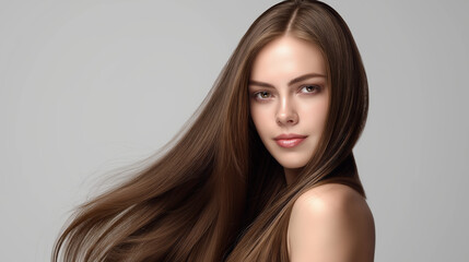 Naklejka premium Elegant woman portrait showcasing long flowing hair confident expression professional studio lighting natural beauty and fashionable style for versatile commercial use