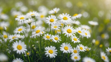Cluster of white daisies with yellow centers in a lush green field on a sunny day.