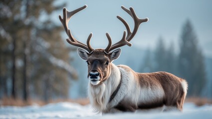 A reindeer with large antlers standing in a snowy landscape with a forest in the background. Winters and wildlife, nature scene. The majestic animal in its natural environment.