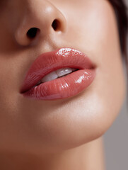 Fototapeta premium Elegant close-up portrait of female lips showcasing glossy lipstick smooth skin sensual expression and natural beauty in professional fashion photography