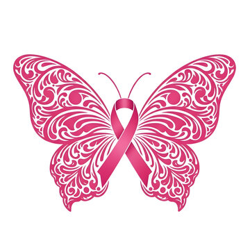 Elegant pink ribbon butterfly symbol of hope, awareness, and support for breast cancer survivors, a symbol of strength.