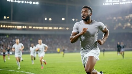 Soccer player sprinting on stadium field, dynamic athletic motion.