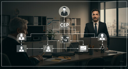 Professional CEO overseeing corporate structure and team collaboration in a modern office environment