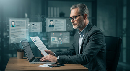 Professional businessman analyzes digital data and resumes on futuristic interface, optimizing career strategy.