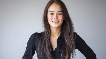 Fototapeta premium Studio portrait featuring young woman in black shirt and blue jeans, clear detail.