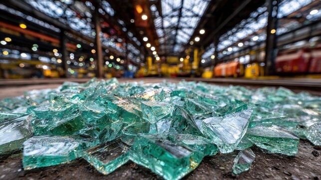 Shattered Glass Pieces on Industrial Floor in Abandoned Warehouse