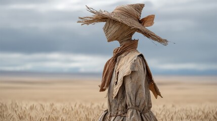 Scarecrow in a Field Under Cloudy Sky