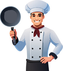 A smiling male chef in uniform holding a frying pan, ready to cook.
