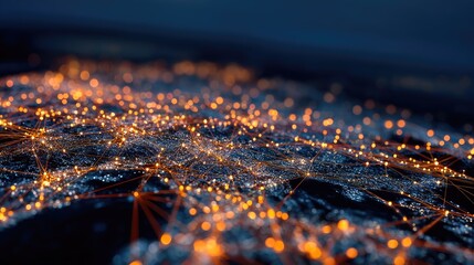 Abstract network map, glowing points, interconnected lines, dark background