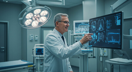 Experienced doctor skillfully analyzes complex medical scans on futuristic holographic display in modern operating room