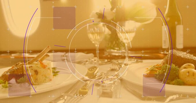 Upon activation, circular HUD graphics spinning while camera panning right to reveal gourmet plates