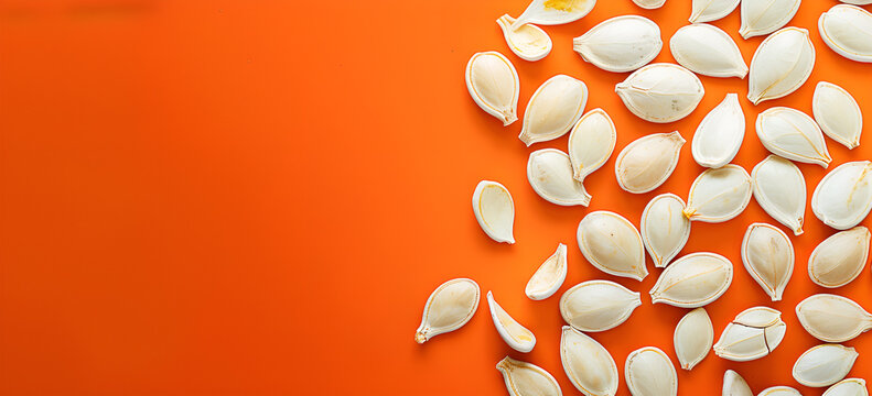 Pestki dyni widok z g&oacute;ry na pomarańczowym tle z dużą przestrzenią na tekst. Koncept zdrowej przekąski i jesiennej dekoracji