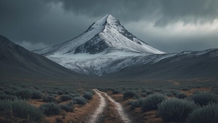 Snow-capped mountain from space with dark stormy clouds and rugged terrain, showcasing natural landscape and weather conditions.