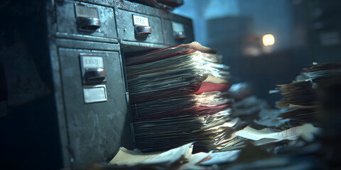 Secret Files: A metal file cabinet, overflowing withclassified documents.